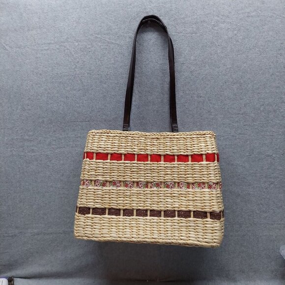 Handbags - Woven Straw Tote Bag With Floral Accents & Red Lining